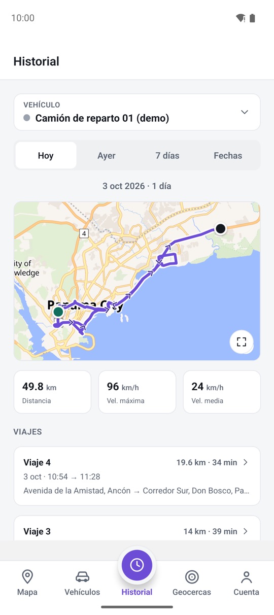 Historial de viajes en la app de Geotrack360